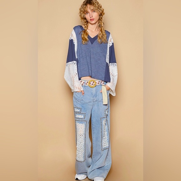 POL Blue Lace Sleeve Top, Sz Med, Oversized - Picture 2 of 2